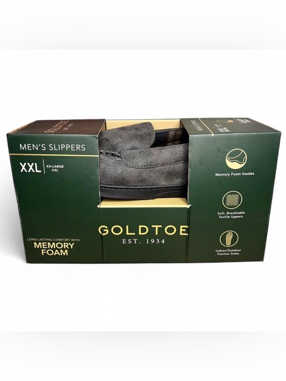 NIB Gold Toe Men's Charcoal Gray Memory Foam Slippers XXL (13) Indoor Outdoor